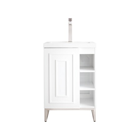 James Martin Vanities Alicante 24in Single Vanity, Glossy White, Brushed Nickel w/ White Glossy Composite Stone Top E110V24GWBNKWG